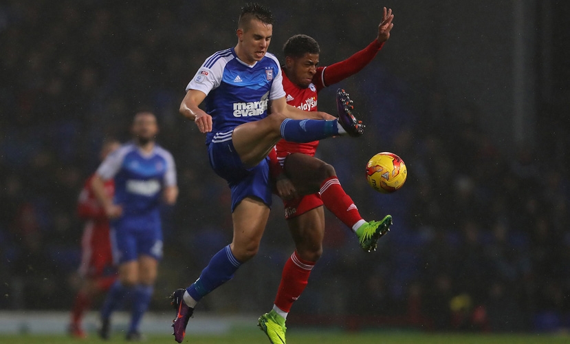 Jonas Knudsen of Ipswich v Kadeem Harris of Cardiff City